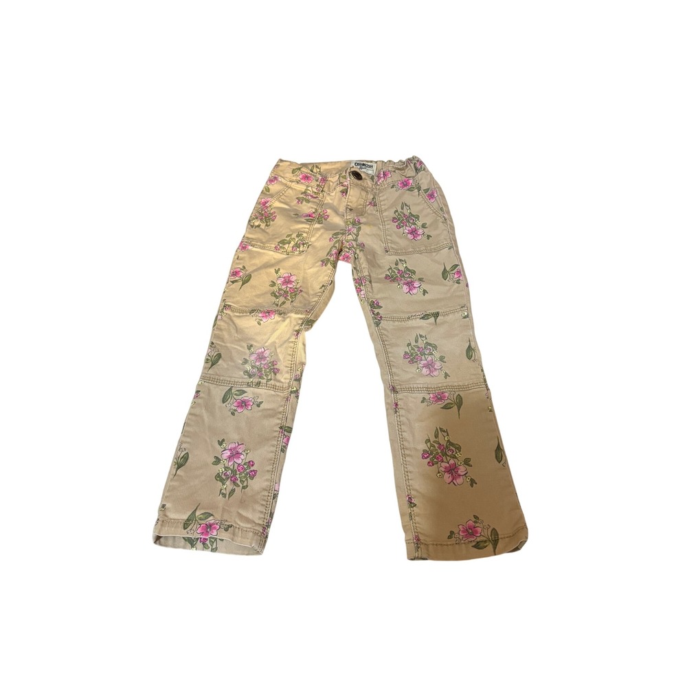 Vintage OshKosh Girls Khaki Floral Utility Pants Straight Leg Tan Pink Size 5